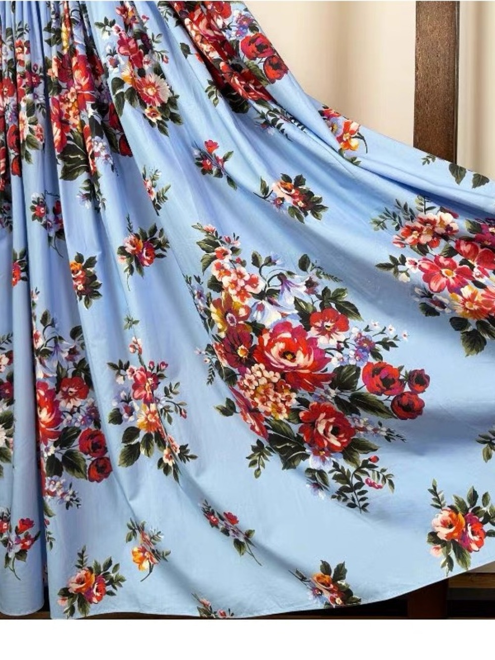 Luxury 100% Cotton Blue Floral Maxi Dress with Red Rose Print - Picture 11 of 14